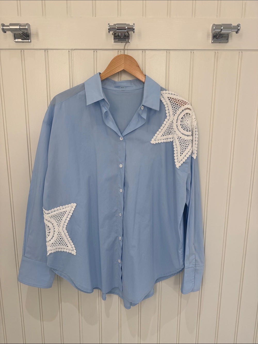 Light Blue Button-Up Top with White Crochet Accents
